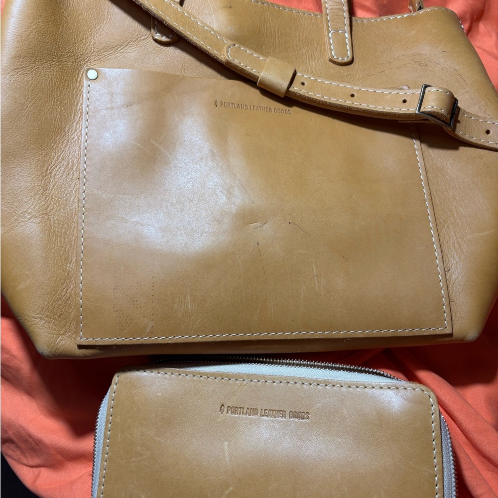 Portland Leather Honey Crossbody Tote and Zipper Wallet with Smooth Finish